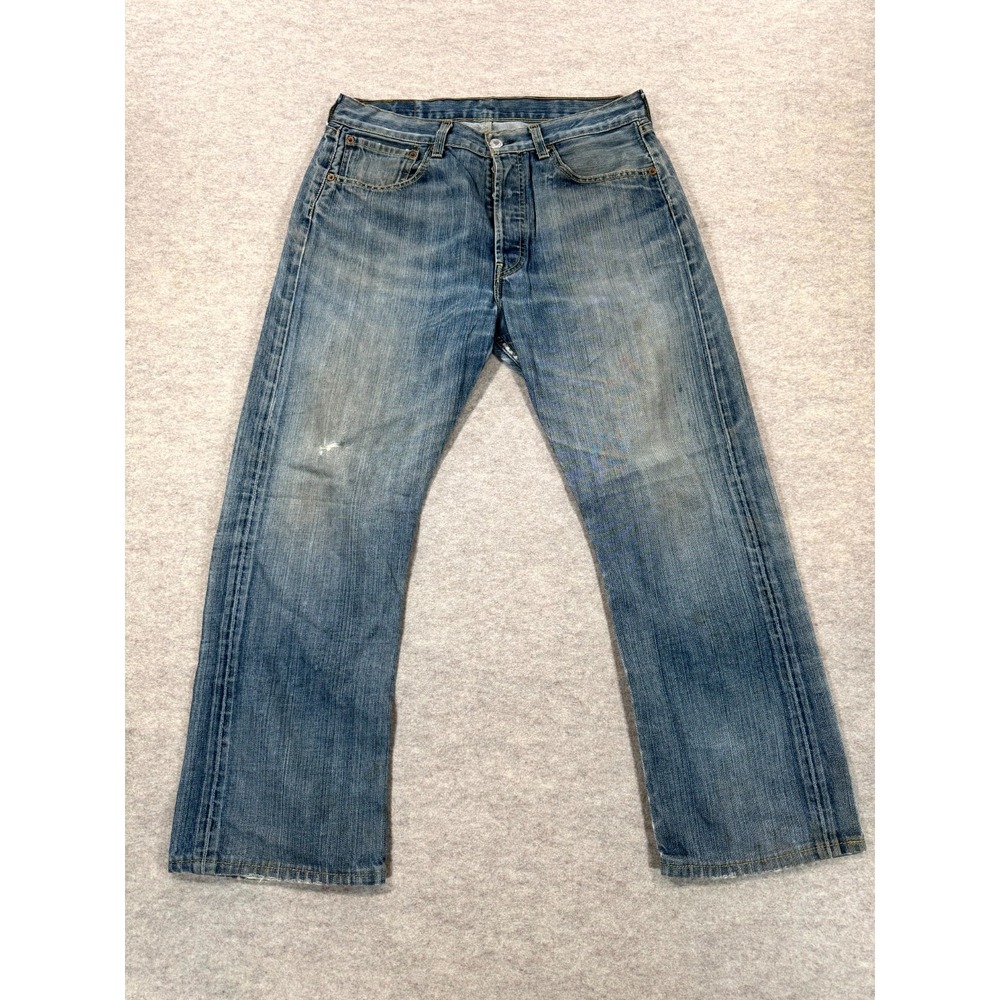 Levis 501 Jeans Men 33x30 Blue Whiskered Denim Cotton Logo Mid Rise Straight Leg